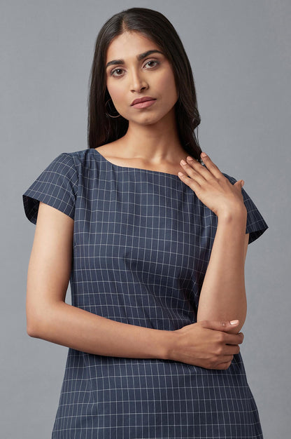W for Woman Blue Checks Cotton Dress In Round Neck With Thread Embroidery