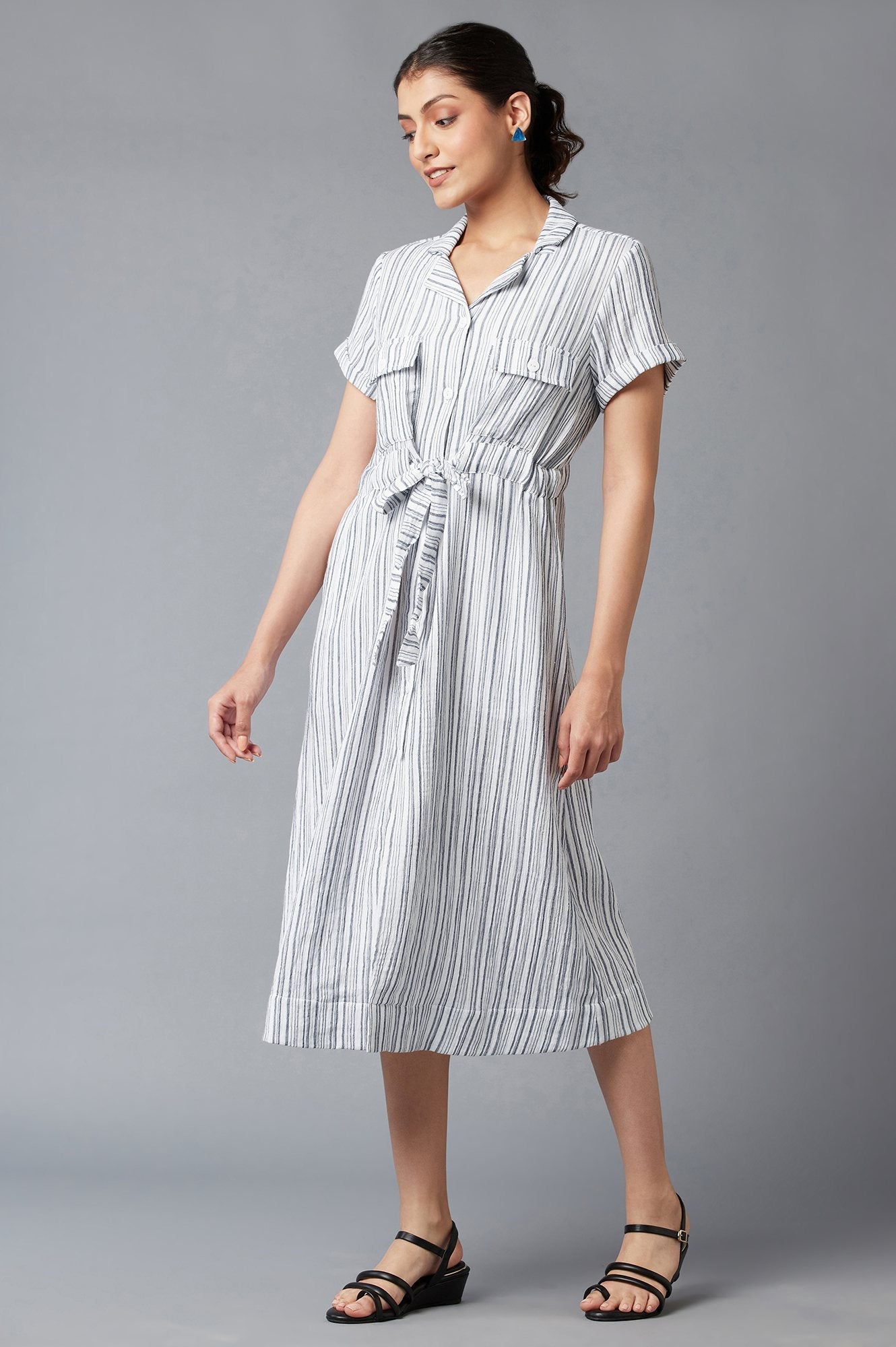 W for Woman Blue Stripe Print Lapel Collar Dress