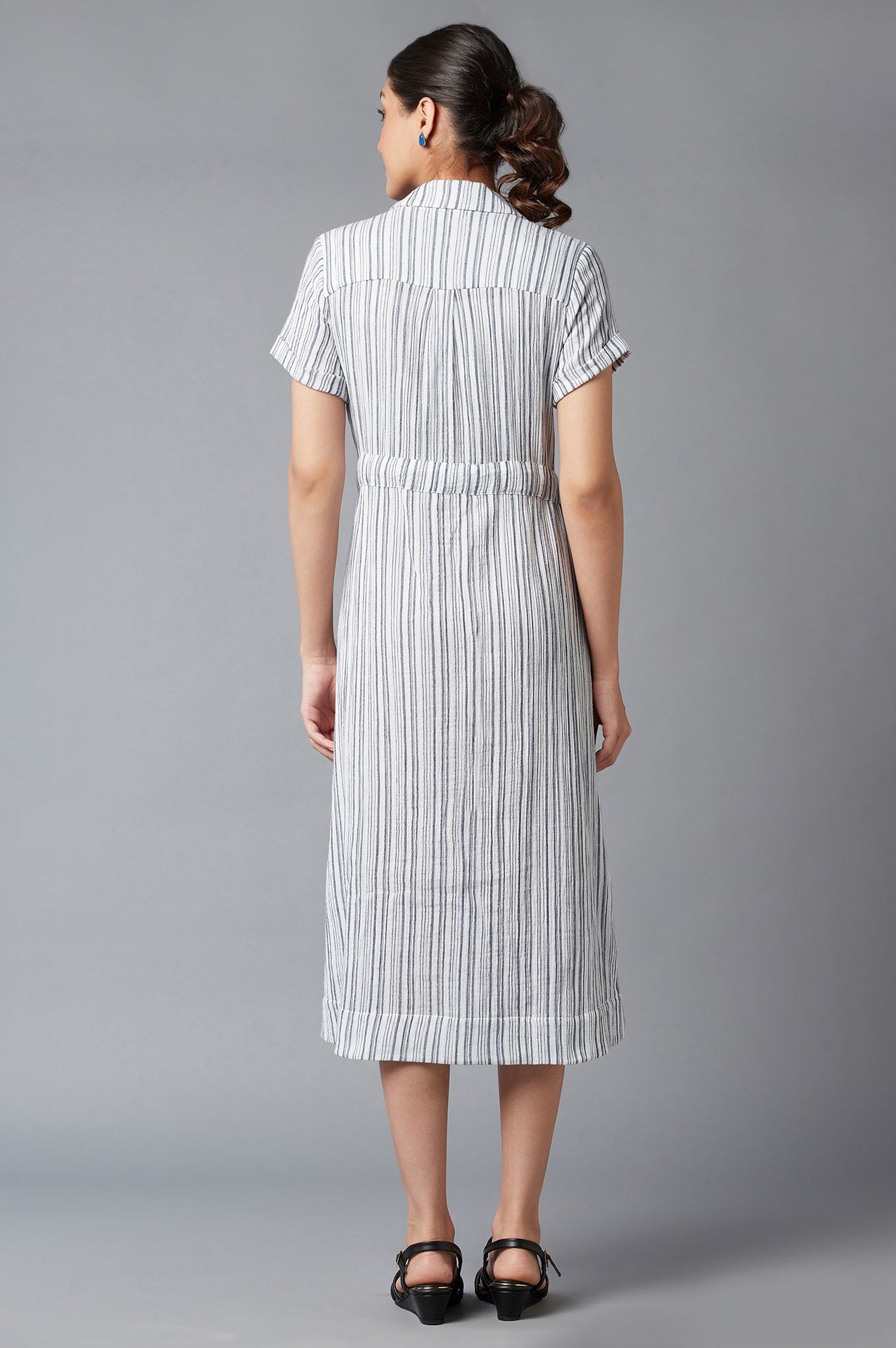 W for Woman Blue Stripe Print Lapel Collar Dress