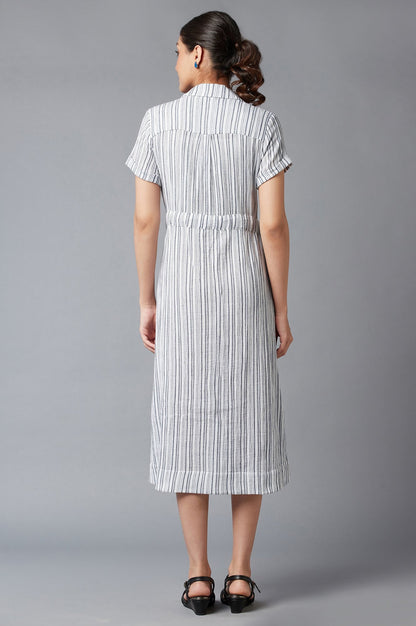 W for Woman Blue Stripe Print Lapel Collar Dress