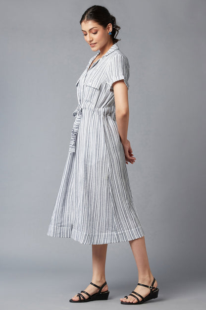 W for Woman Blue Stripe Print Lapel Collar Dress