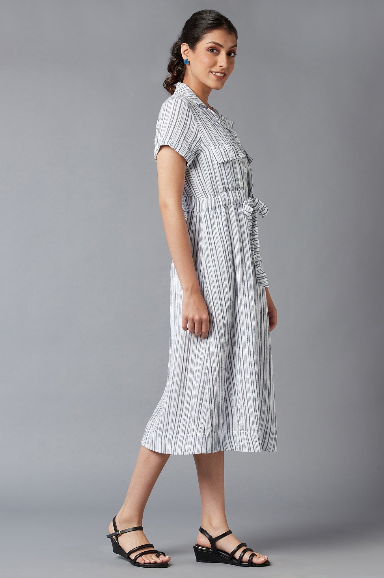 W for Woman Blue Stripe Print Lapel Collar Dress