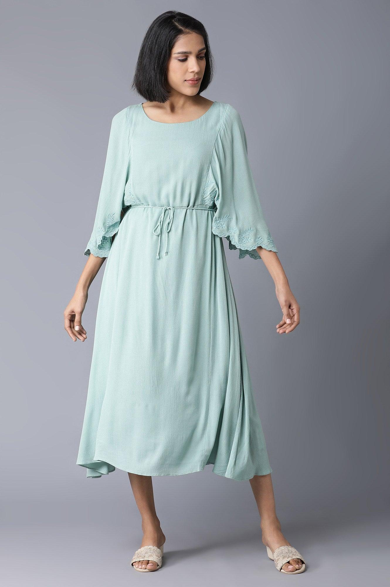 W for Woman Teal Flutter Sleeve Dress With Waist Belt