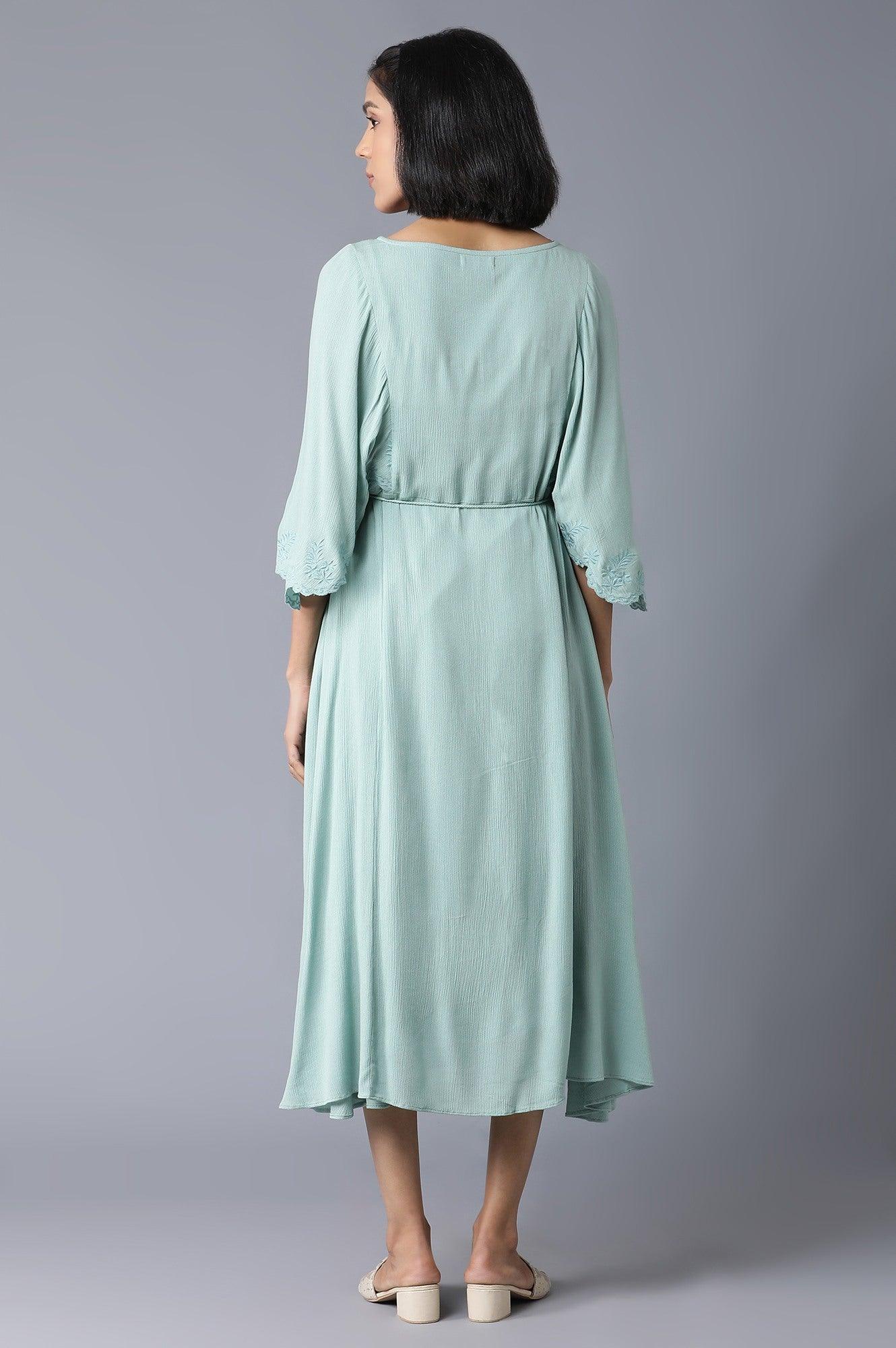W for Woman Teal Flutter Sleeve Dress With Waist Belt