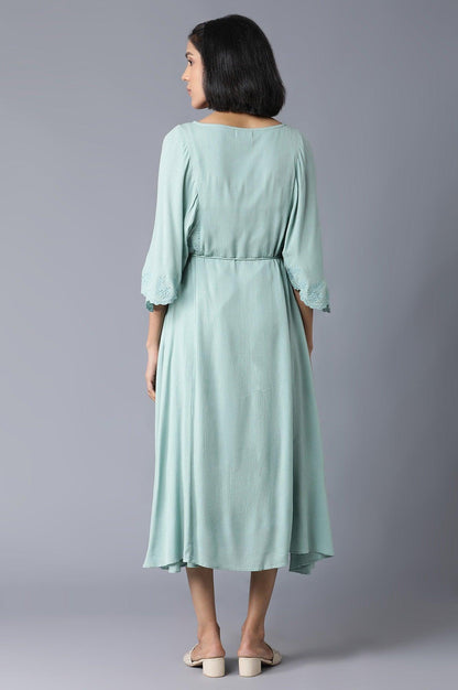 W for Woman Teal Flutter Sleeve Dress With Waist Belt