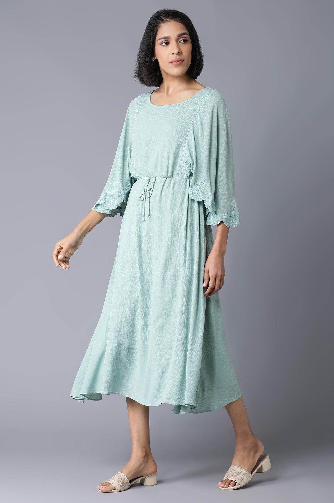 W for Woman Teal Flutter Sleeve Dress With Waist Belt