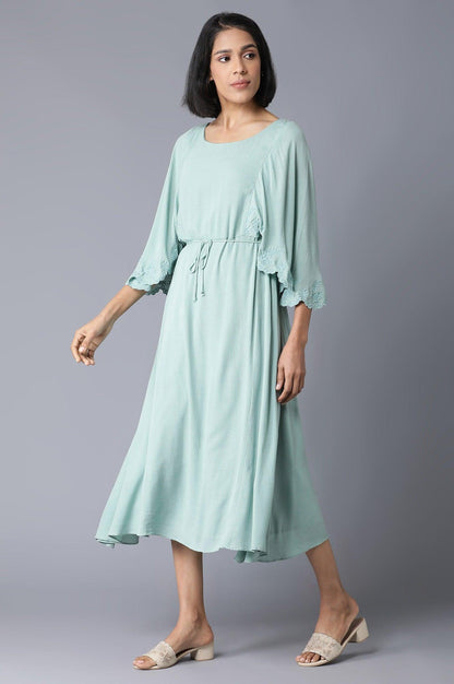 W for Woman Teal Flutter Sleeve Dress With Waist Belt