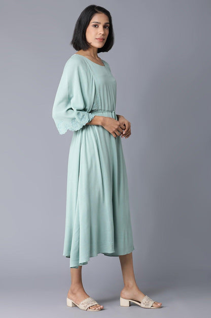 W for Woman Teal Flutter Sleeve Dress With Waist Belt