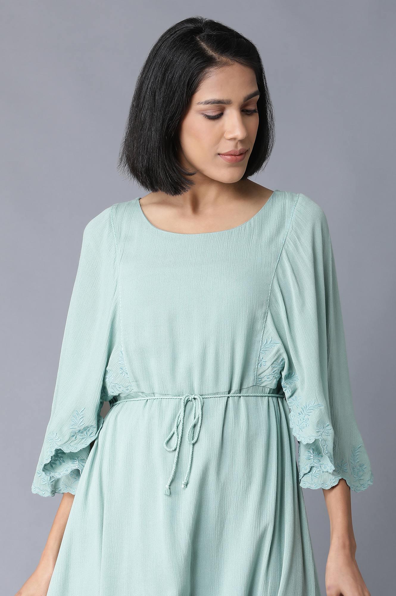 W for Woman Teal Flutter Sleeve Dress With Waist Belt