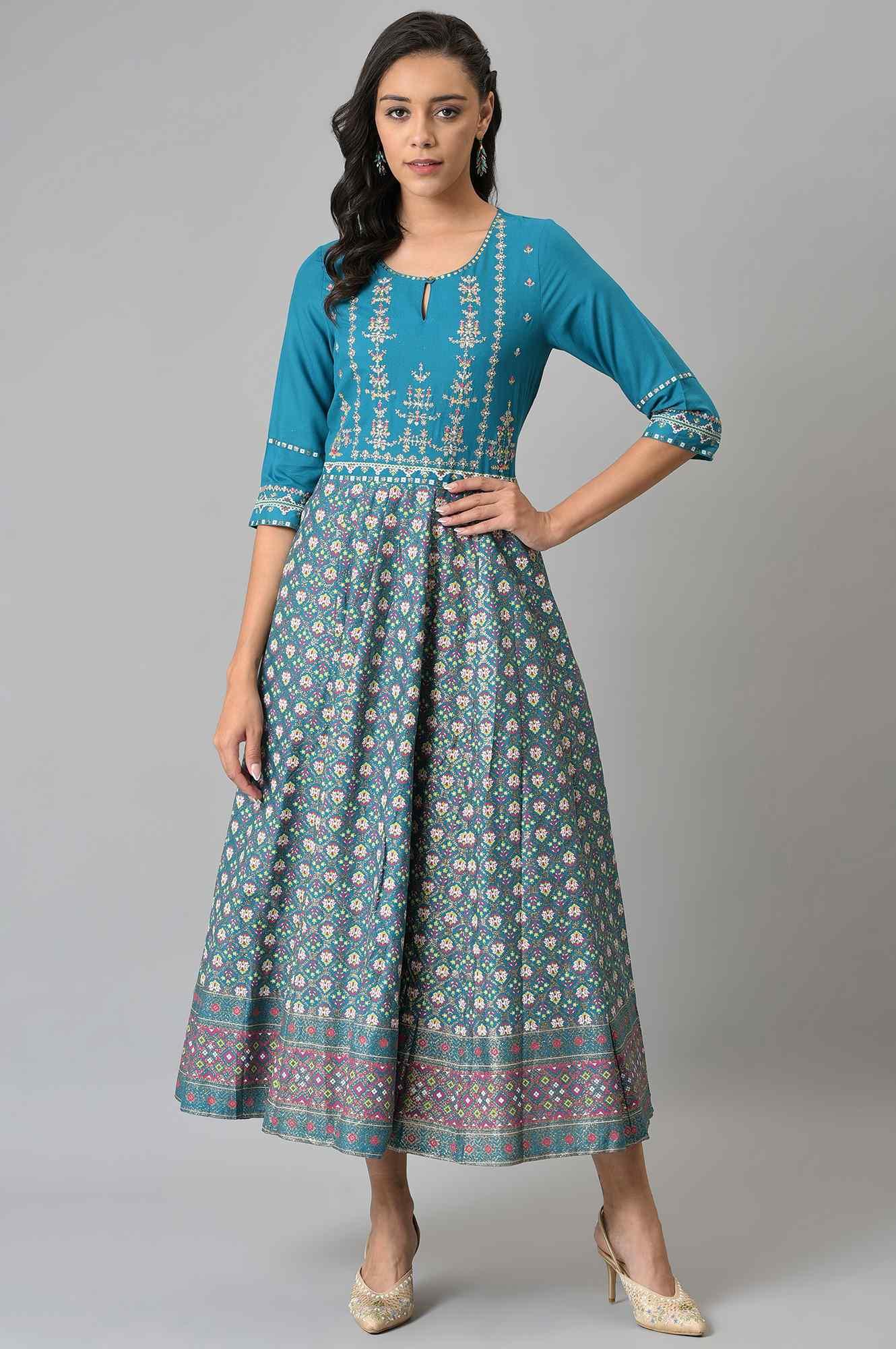 W for Woman Teal Glitter Printed Dress With Embroidery