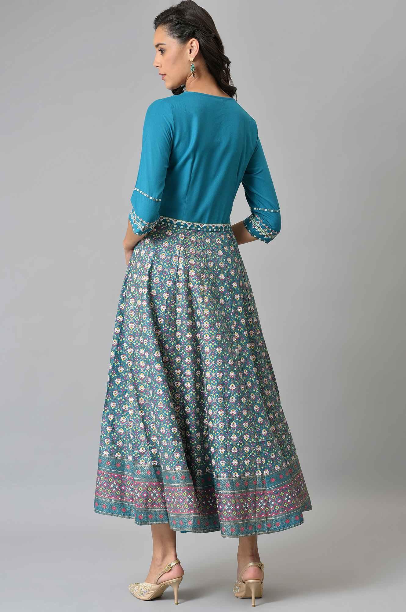 W for Woman Teal Glitter Printed Dress With Embroidery