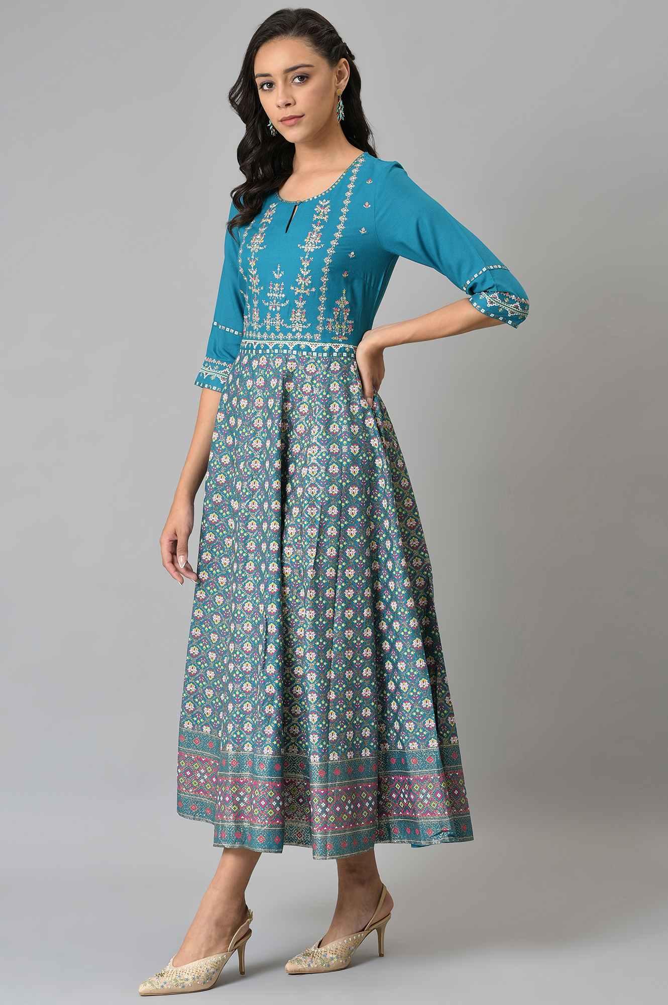 W for Woman Teal Glitter Printed Dress With Embroidery