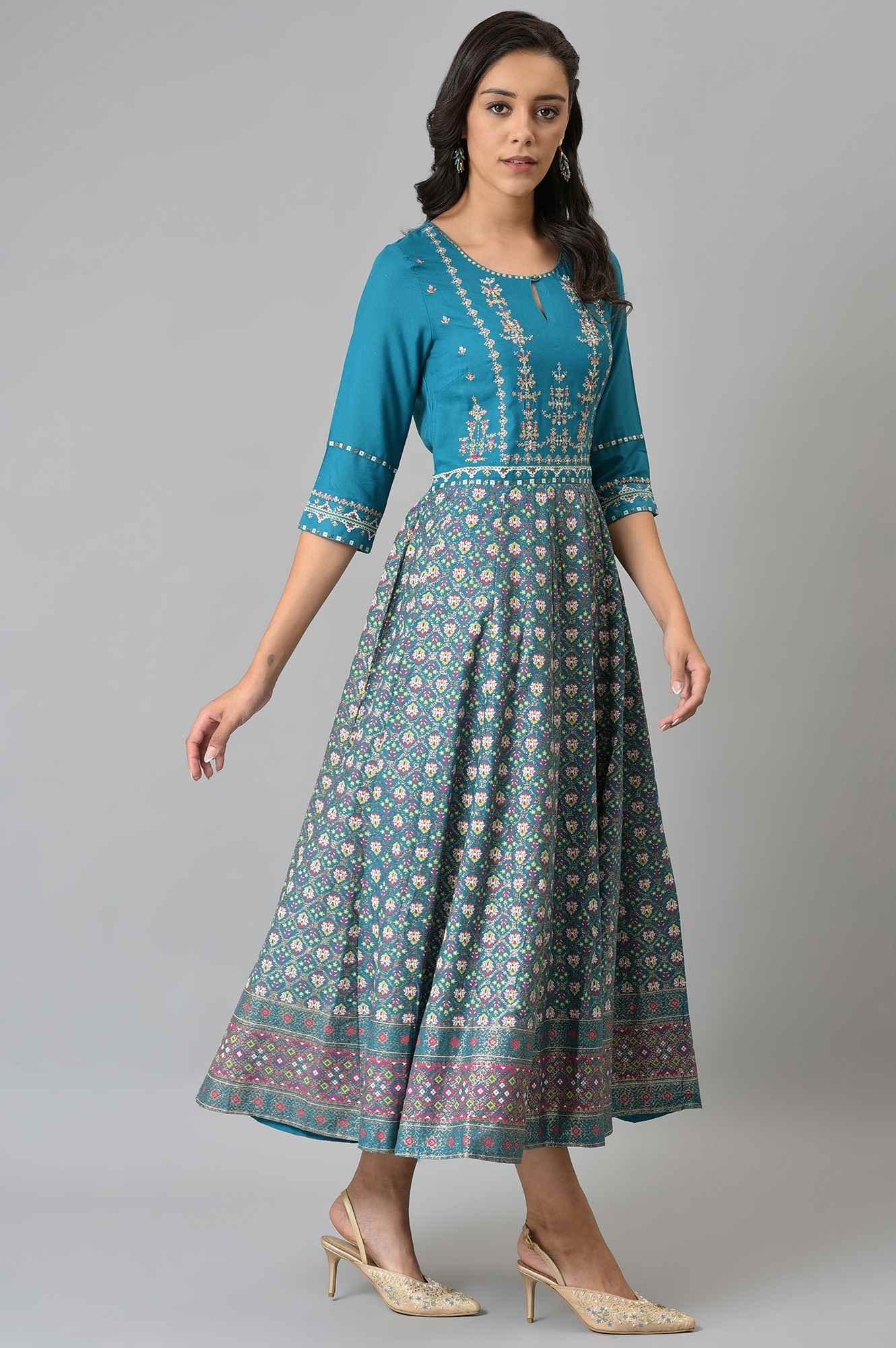 W for Woman Teal Glitter Printed Dress With Embroidery