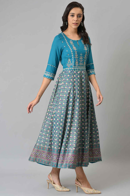 W for Woman Teal Glitter Printed Dress With Embroidery