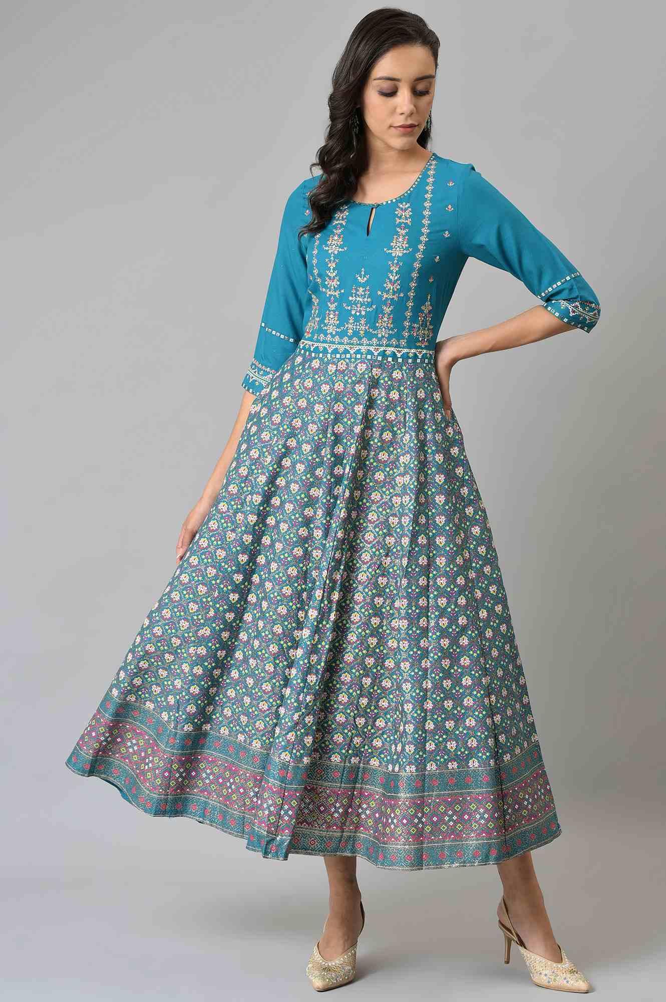 W for Woman Teal Glitter Printed Dress With Embroidery