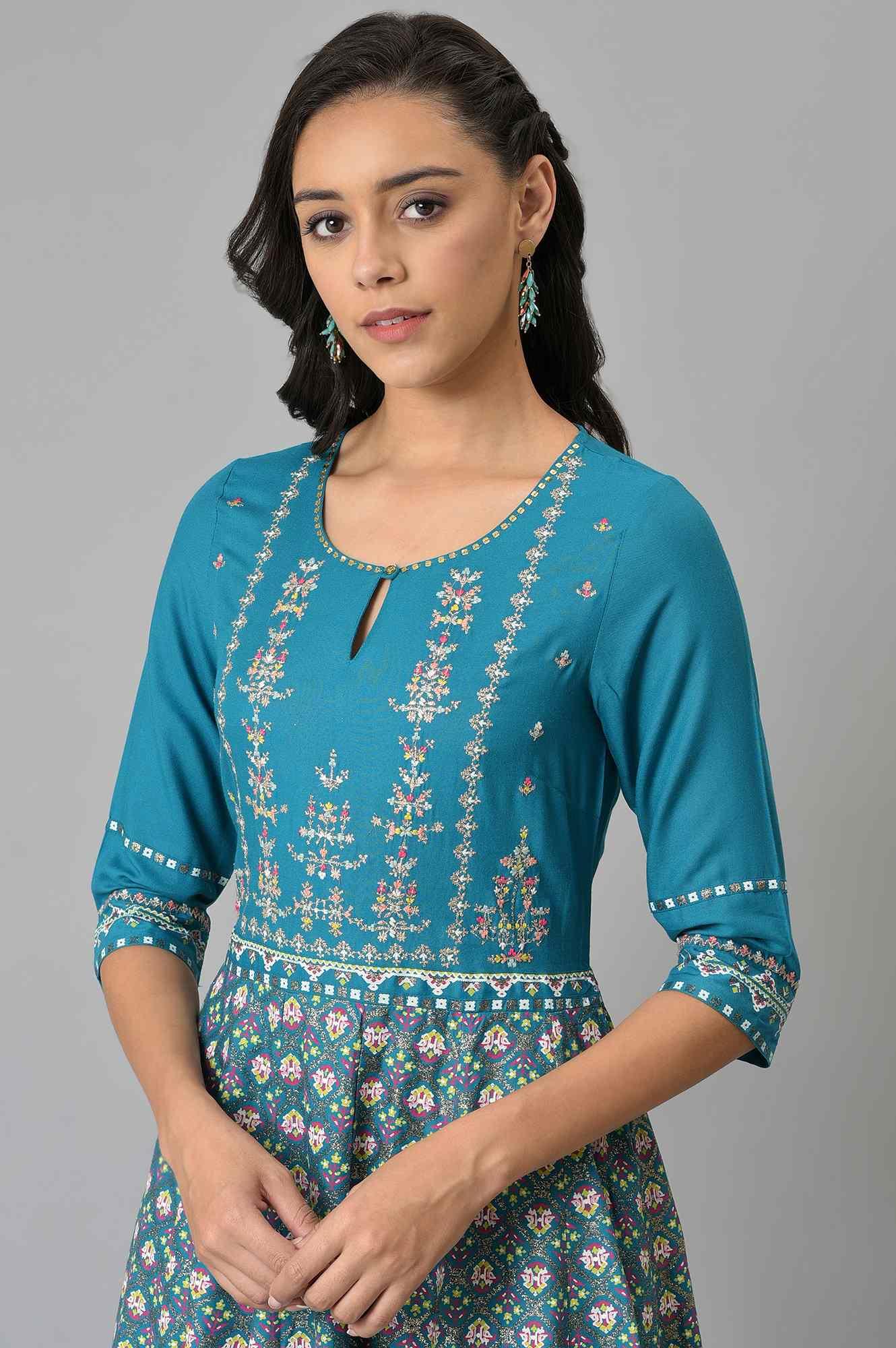 W for Woman Teal Glitter Printed Dress With Embroidery