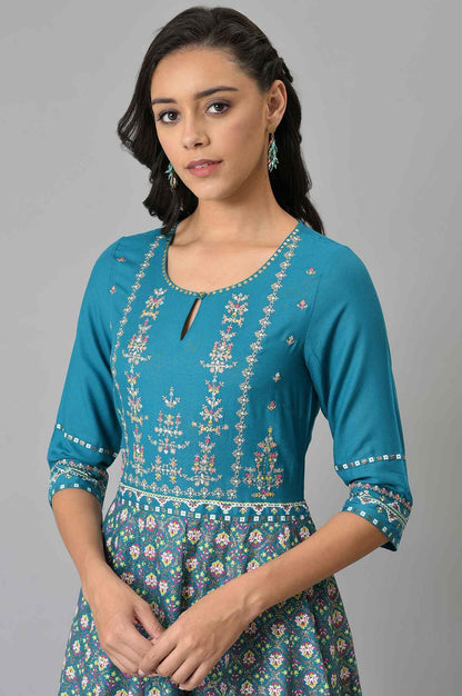 W for Woman Teal Glitter Printed Dress With Embroidery