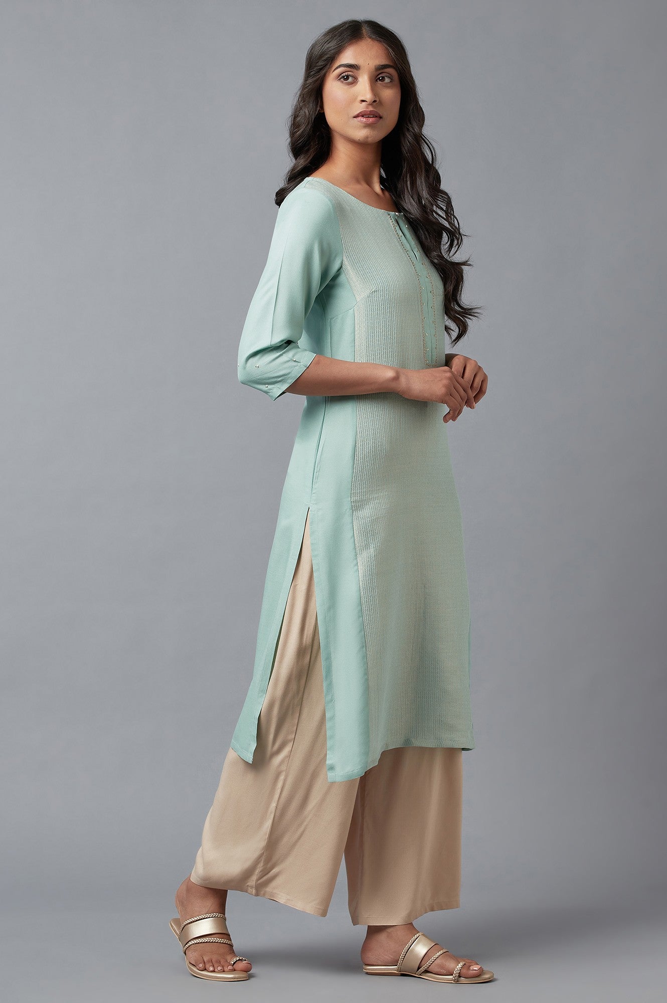 W for Woman Blue Jacquard Sequined kurta