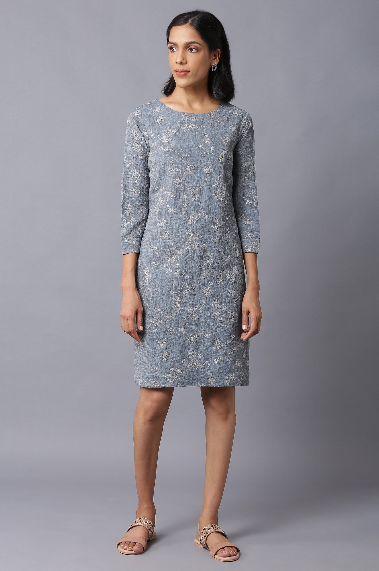 W for Woman Dark Grey Yarn-Dyed Western Dress In Round Neck