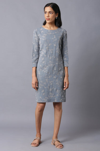 W for Woman Dark Grey Yarn-Dyed Western Dress In Round Neck