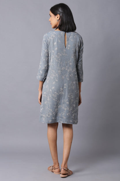 W for Woman Dark Grey Yarn-Dyed Western Dress In Round Neck