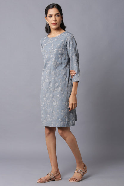 W for Woman Dark Grey Yarn-Dyed Western Dress In Round Neck