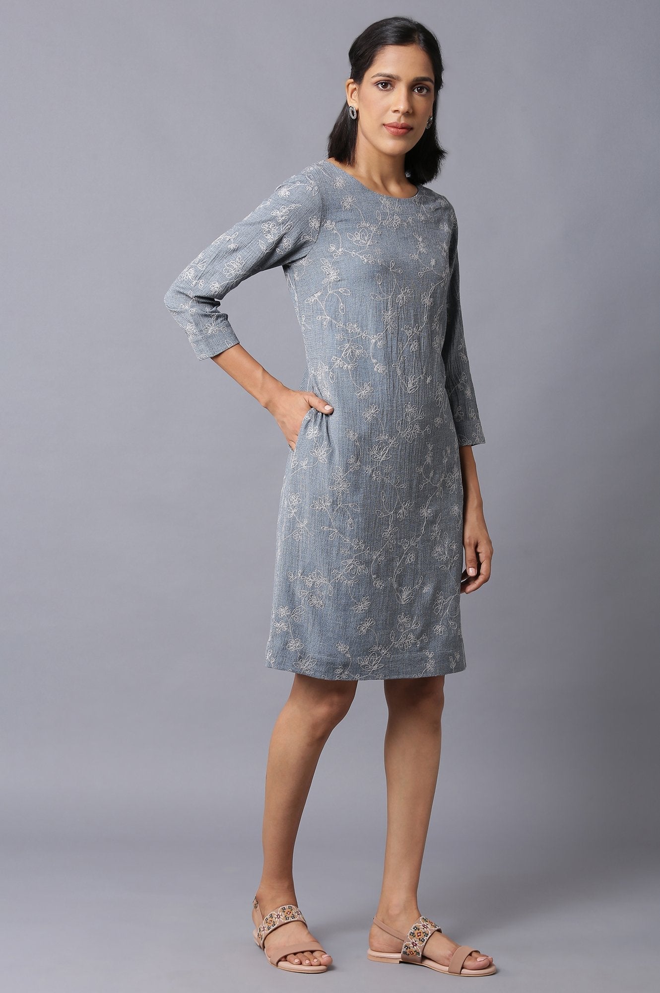 W for Woman Dark Grey Yarn-Dyed Western Dress In Round Neck