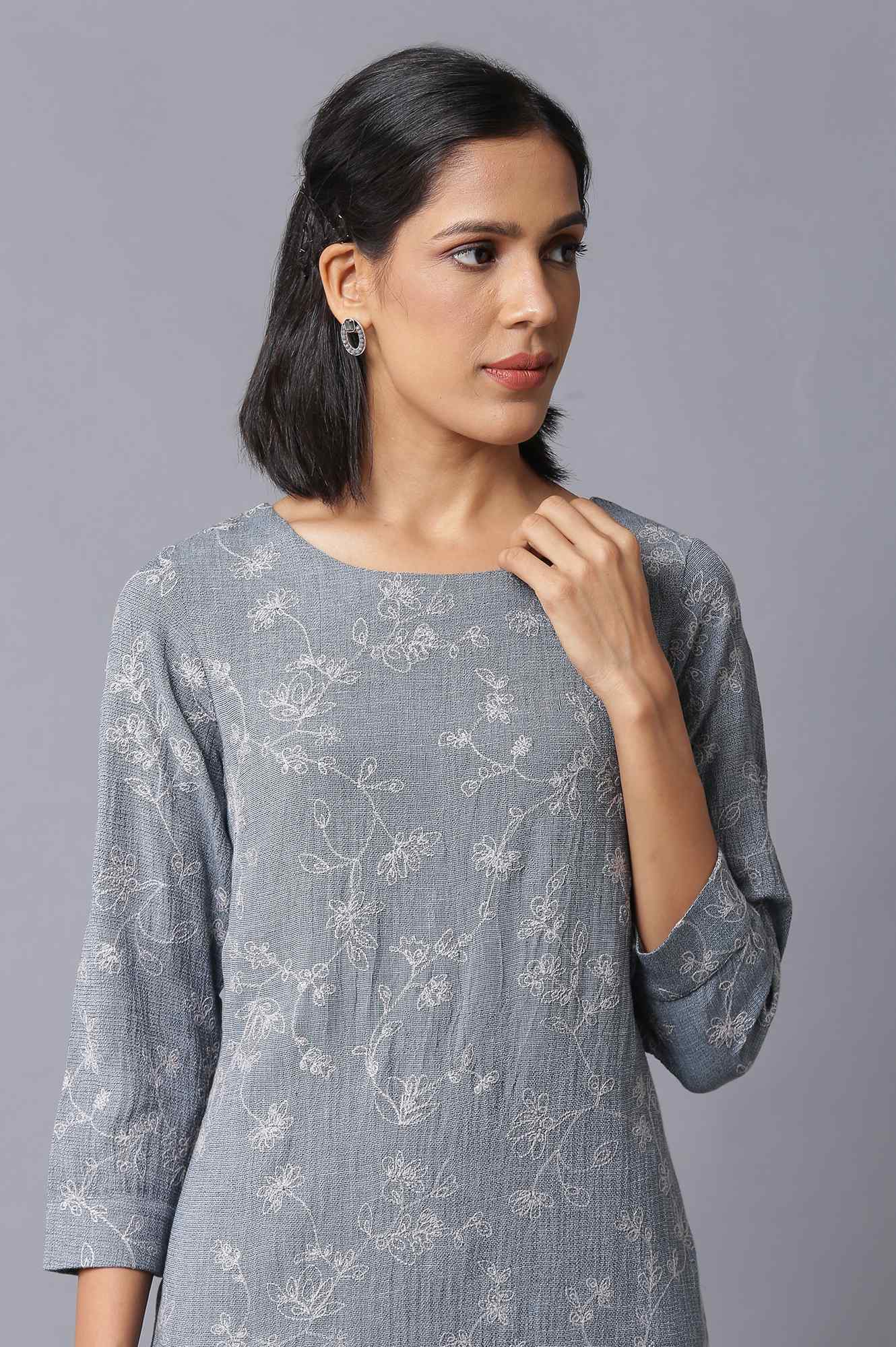 W for Woman Dark Grey Yarn-Dyed Western Dress In Round Neck
