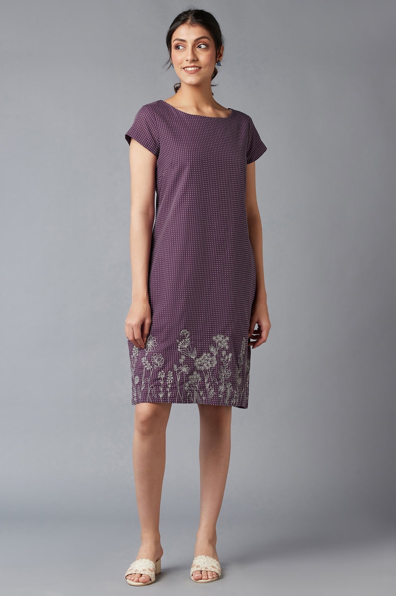 W for Woman Purple Dobby Cotton Dress In Round Neck