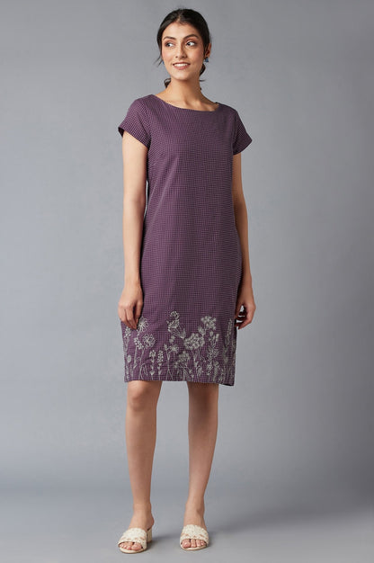 W for Woman Purple Dobby Cotton Dress In Round Neck