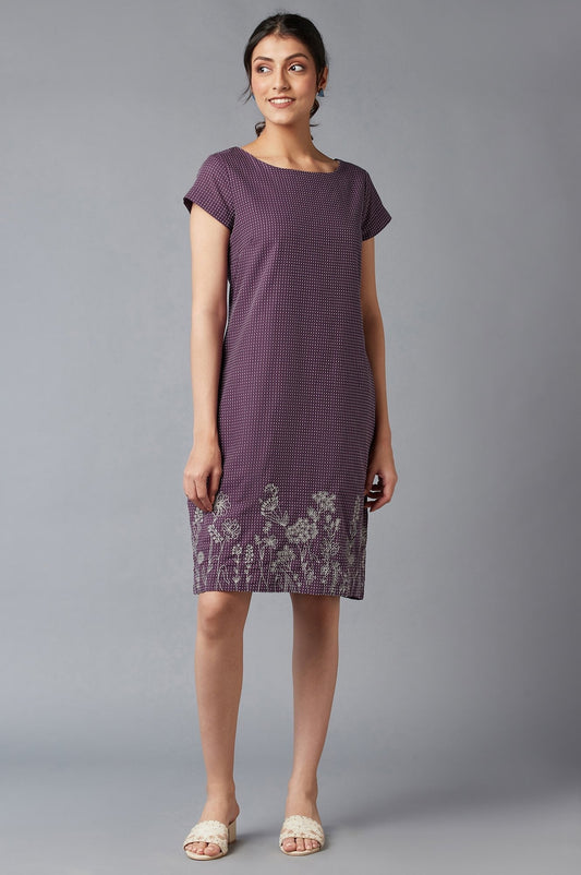 W for Woman Purple Dobby Cotton Dress In Round Neck