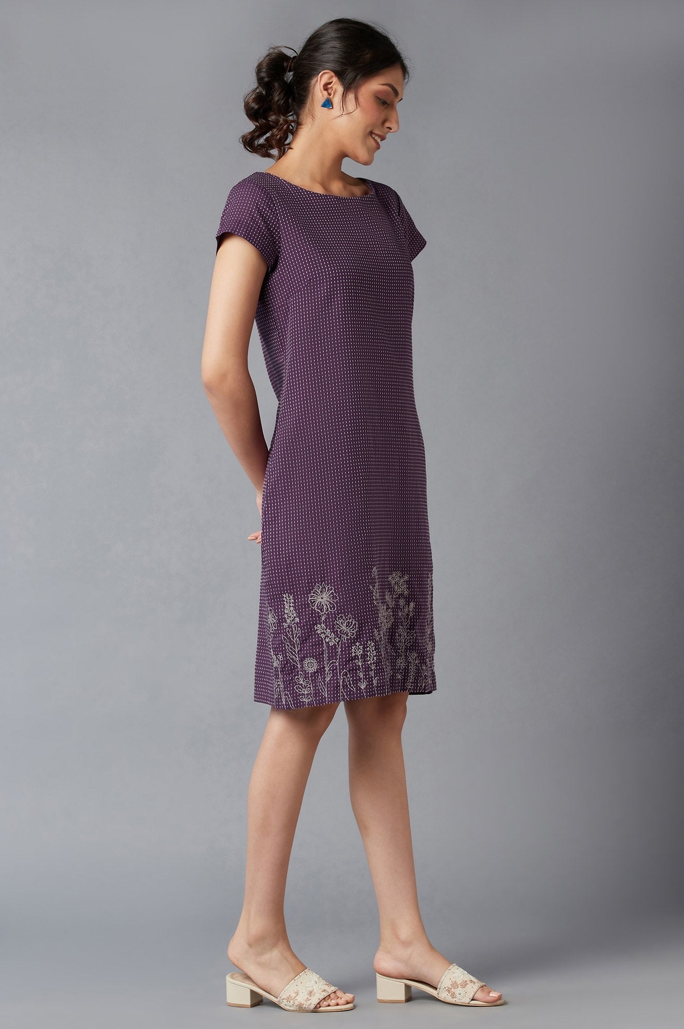 W for Woman Purple Dobby Cotton Dress In Round Neck