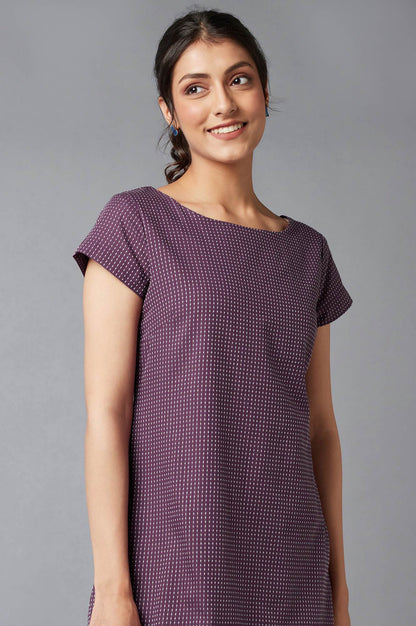 W for Woman Purple Dobby Cotton Dress In Round Neck