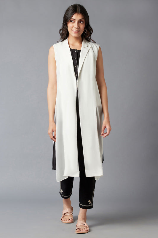 W for Woman White Straight Seer Sucker Lapel Collar Jacket
