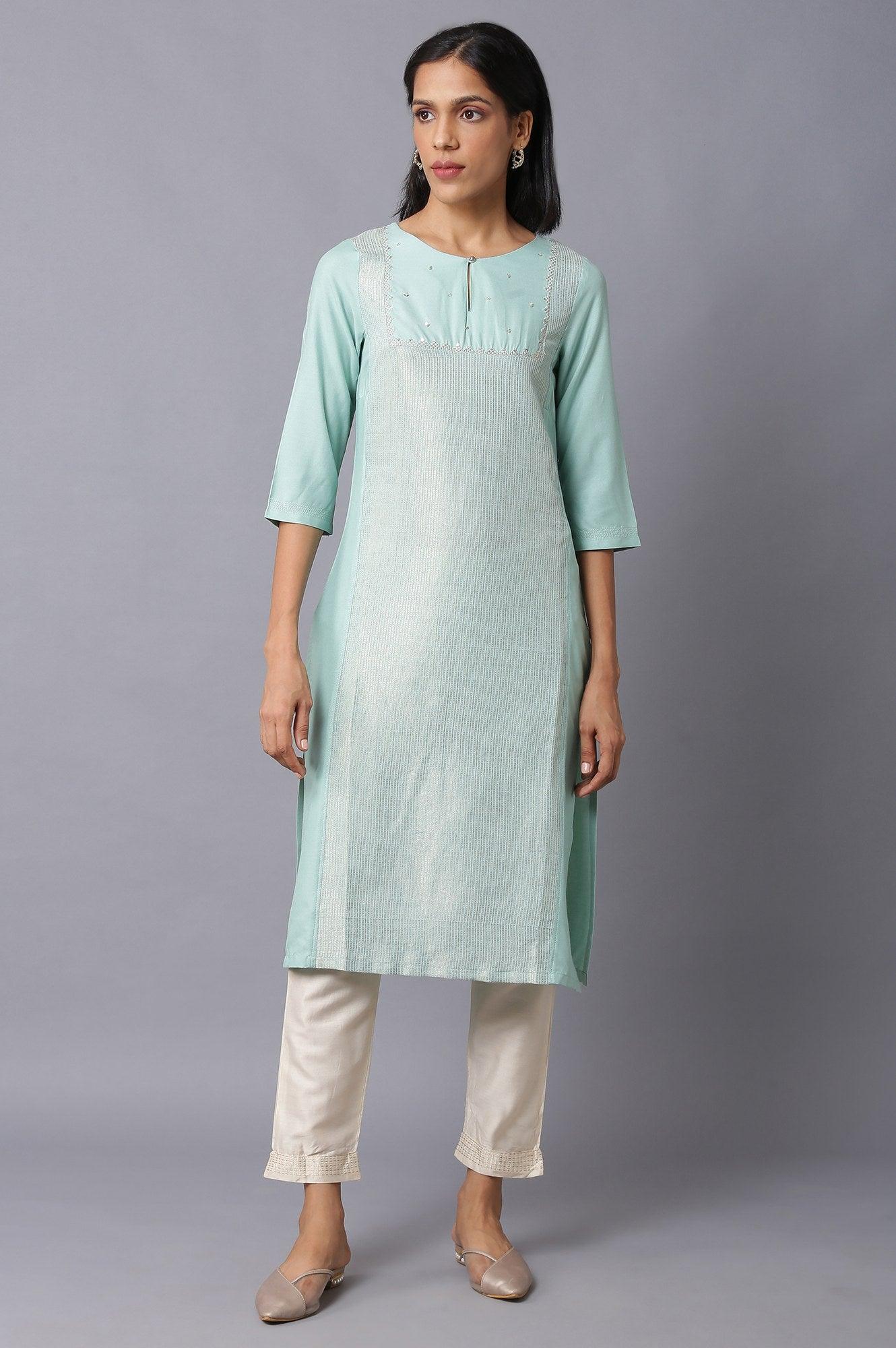 W for Woman Teal Blue Jacquard kurta With Embroidered Yoke