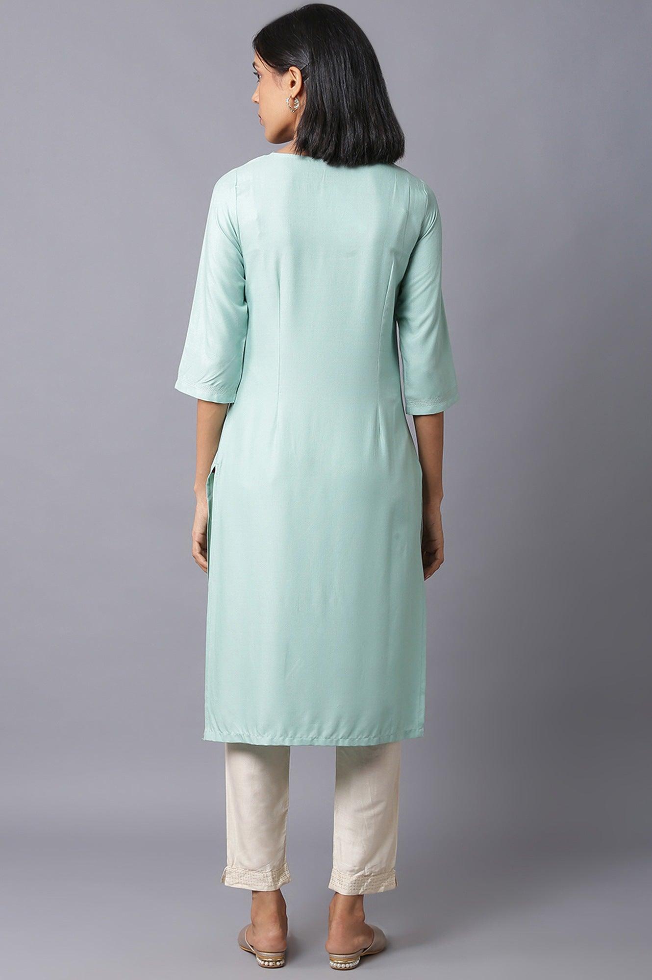 W for Woman Teal Blue Jacquard kurta With Embroidered Yoke