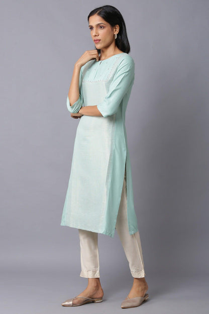 W for Woman Teal Blue Jacquard kurta With Embroidered Yoke