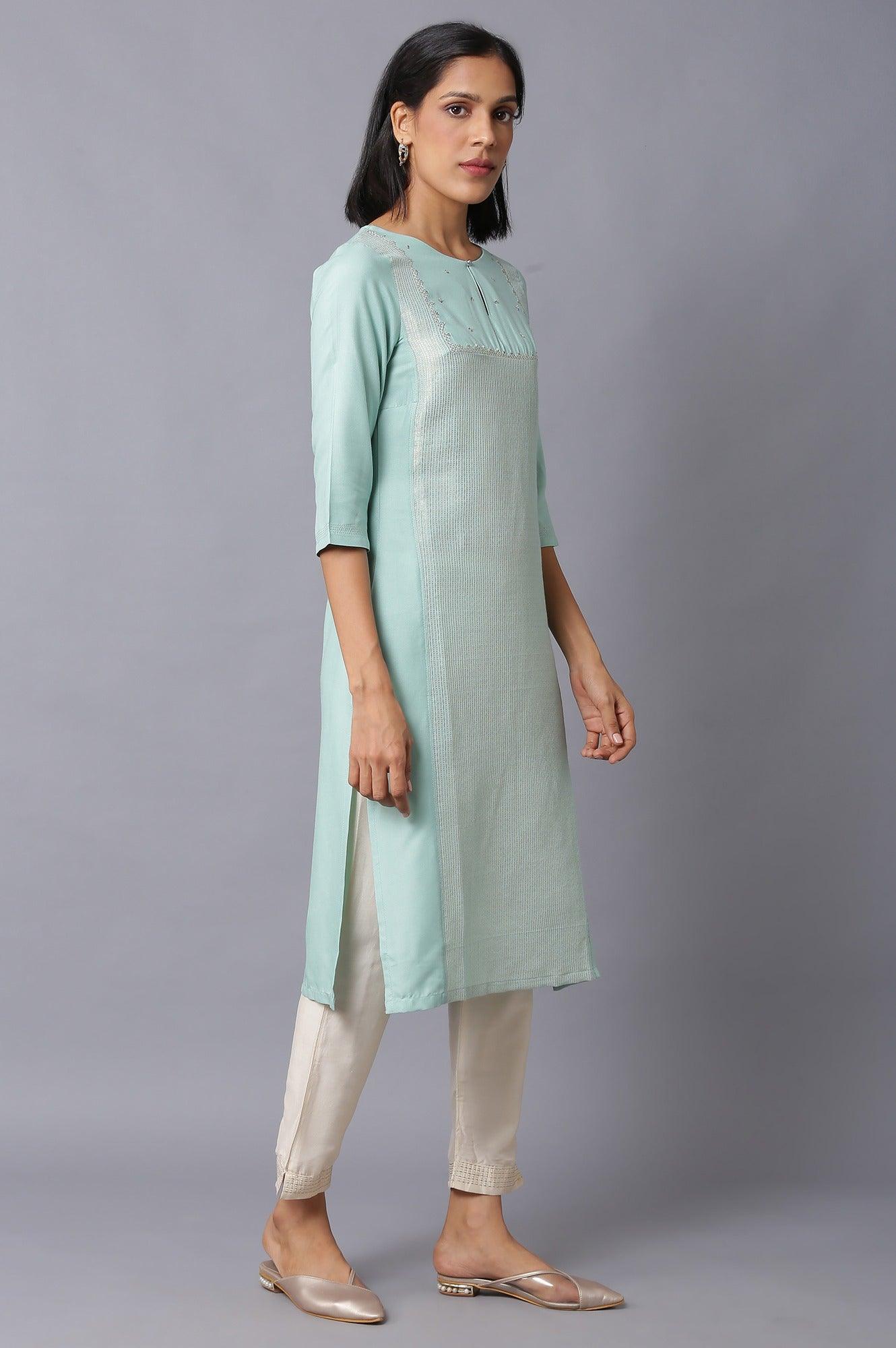 W for Woman Teal Blue Jacquard kurta With Embroidered Yoke
