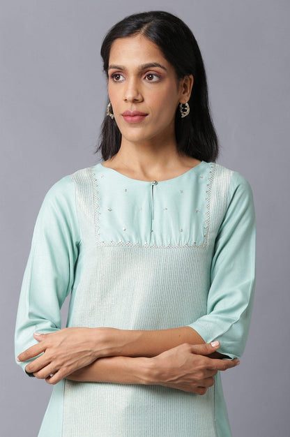 W for Woman Teal Blue Jacquard kurta With Embroidered Yoke