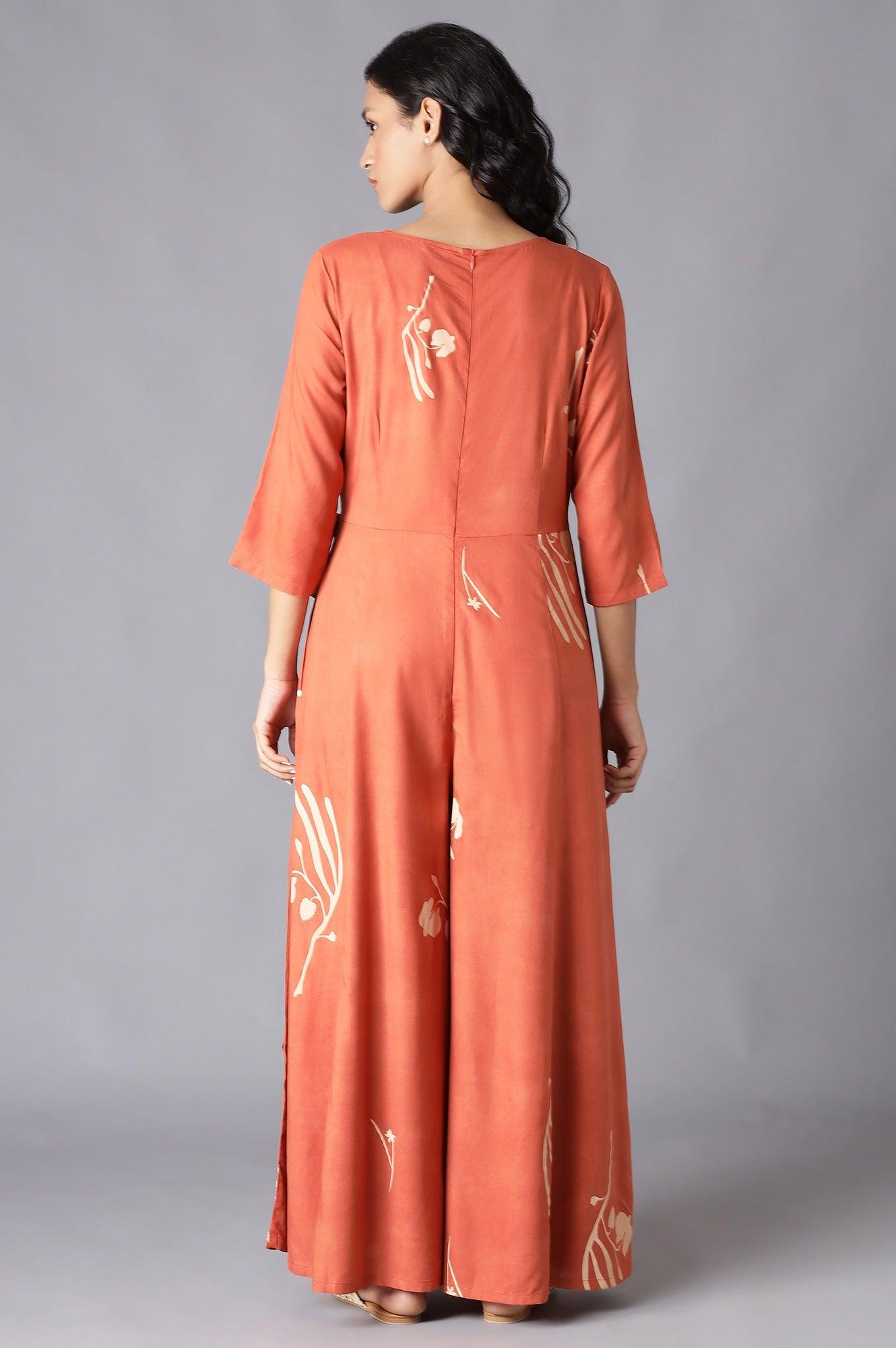 W for Woman Rust Orange Angrakha Jumpsuit In Round Neck