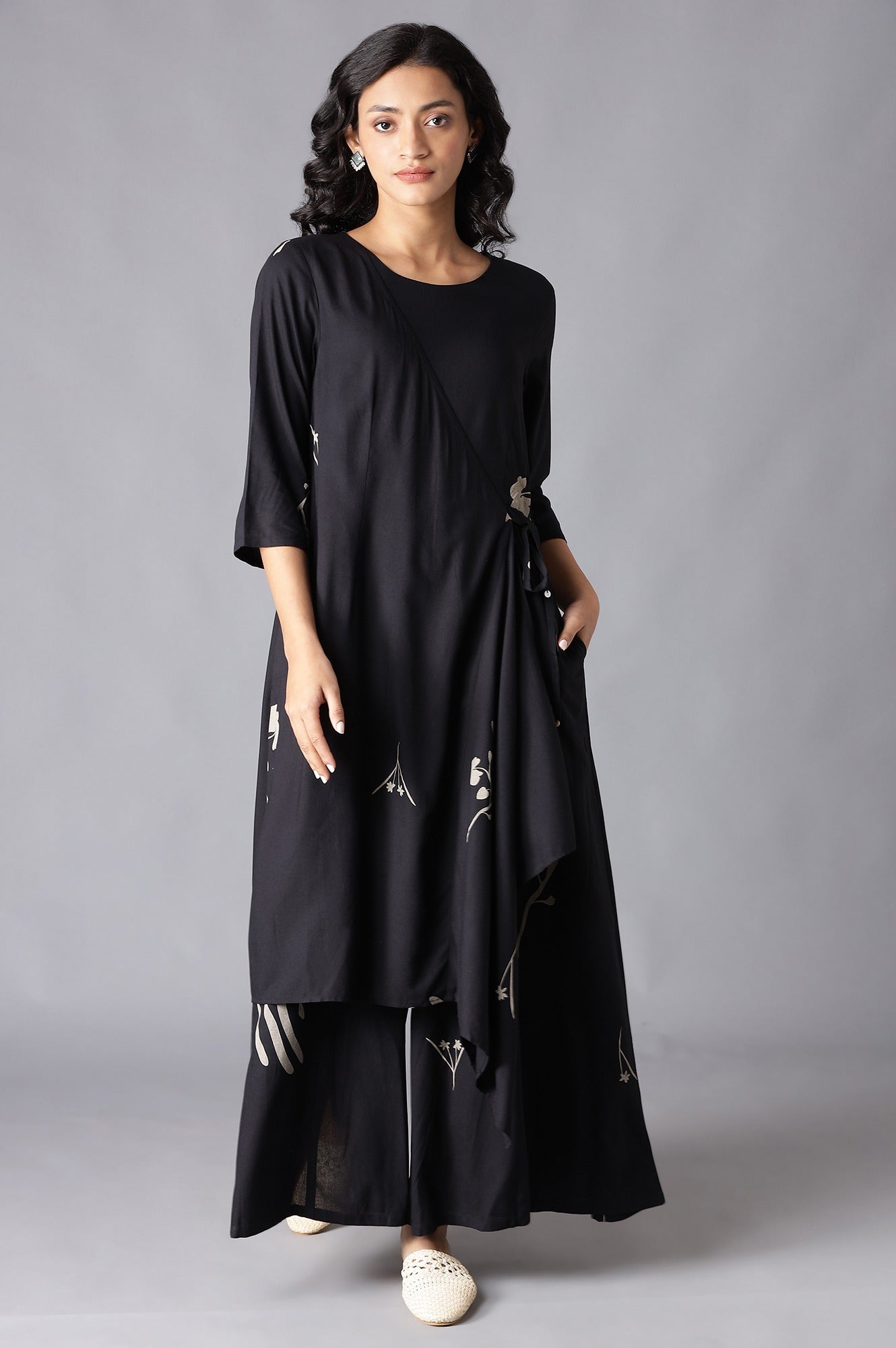 W for Woman Black Angrakha Jumpsuit in Round Neck