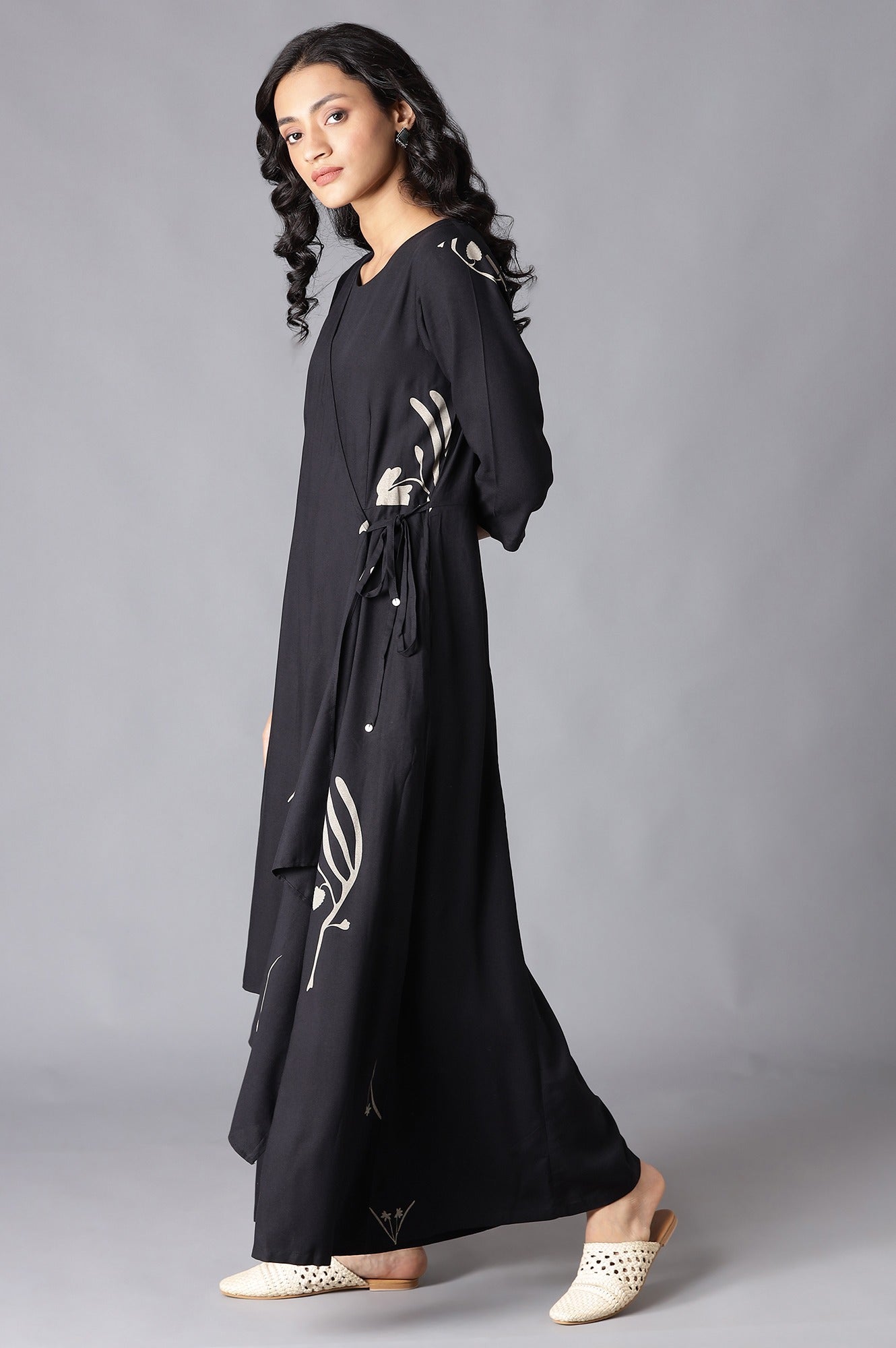 W for Woman Black Angrakha Jumpsuit in Round Neck