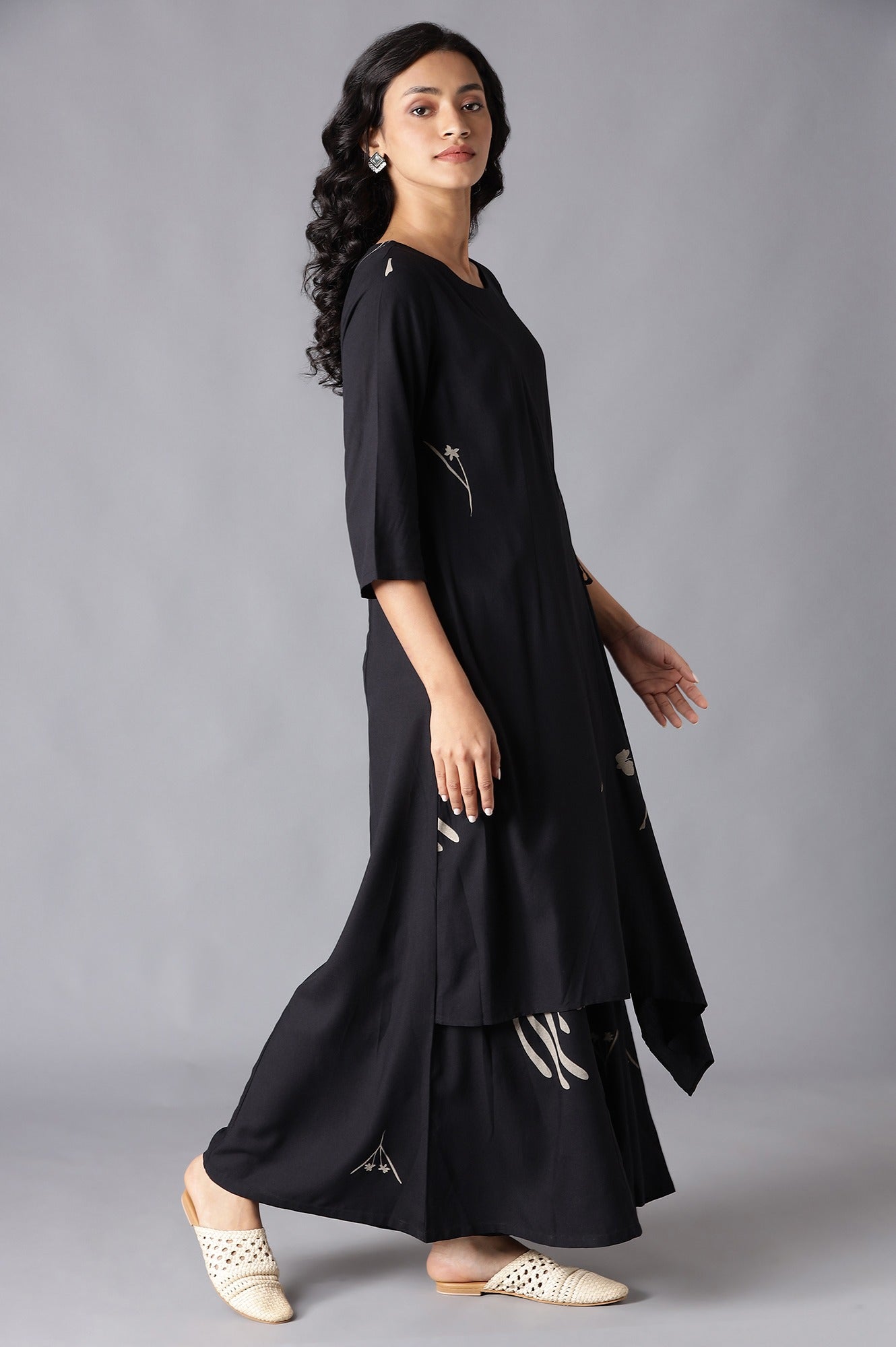 W for Woman Black Angrakha Jumpsuit in Round Neck