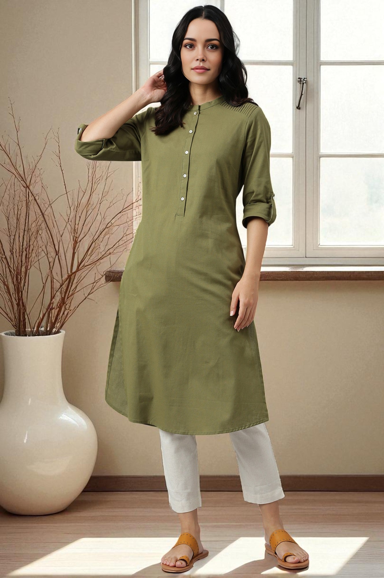 W for Woman Green Half Placket Shirt kurta