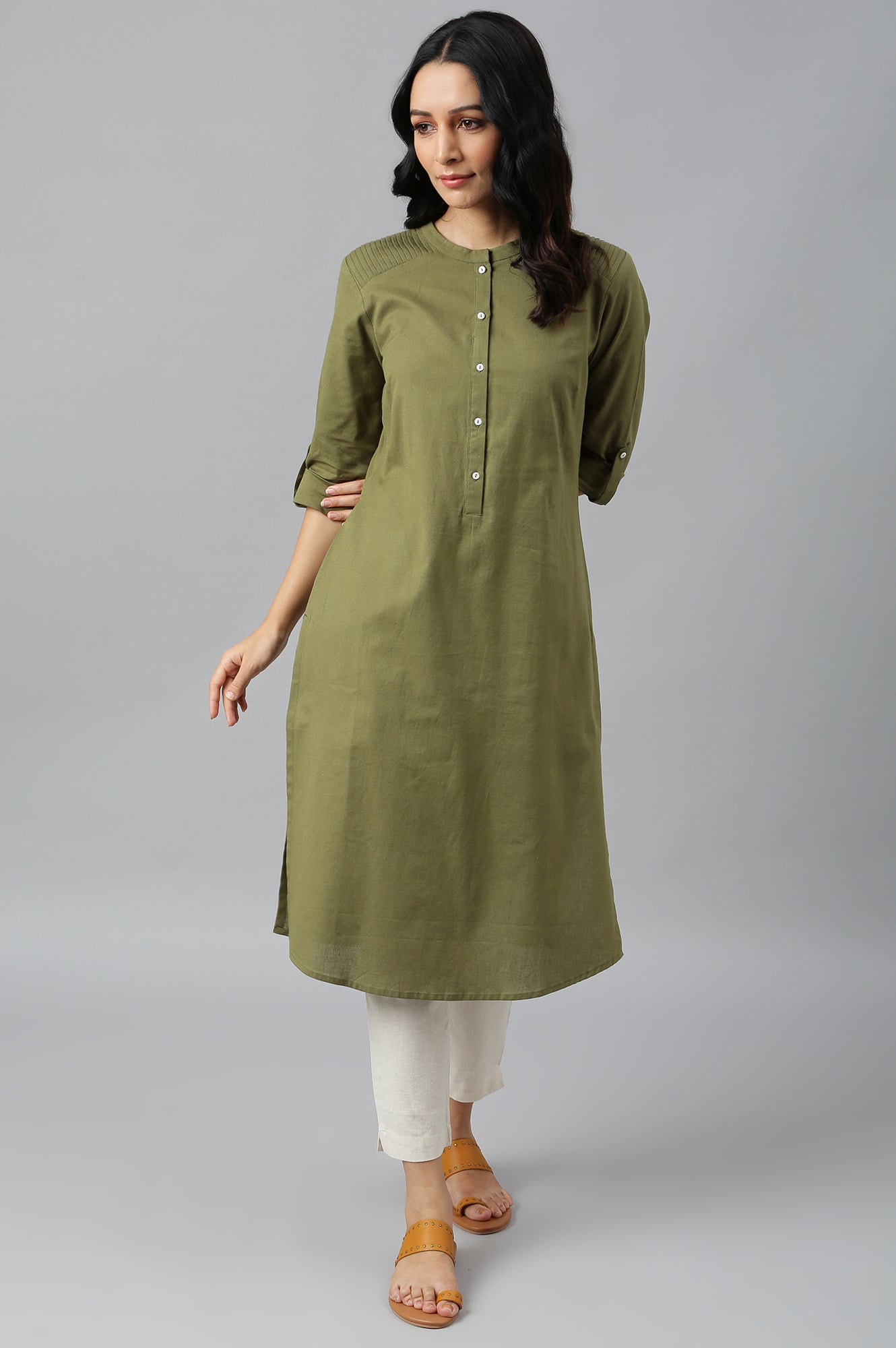 W for Woman Green Half Placket Shirt kurta