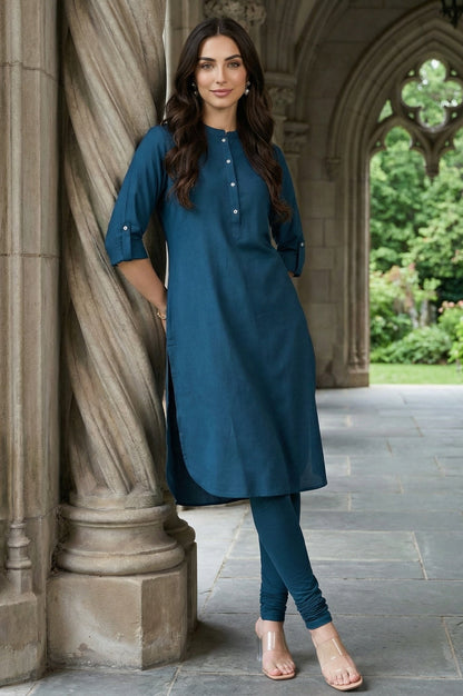 W for Woman Blue Solid Cotton Shirt Kurta in Mandarin Collar