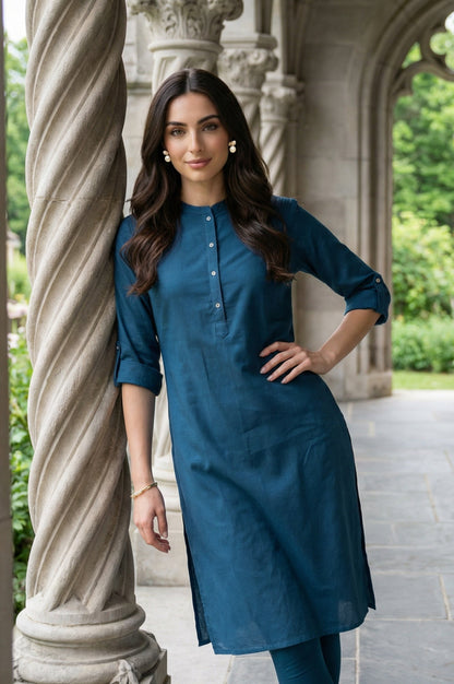 W for Woman Blue Solid Cotton Shirt Kurta in Mandarin Collar