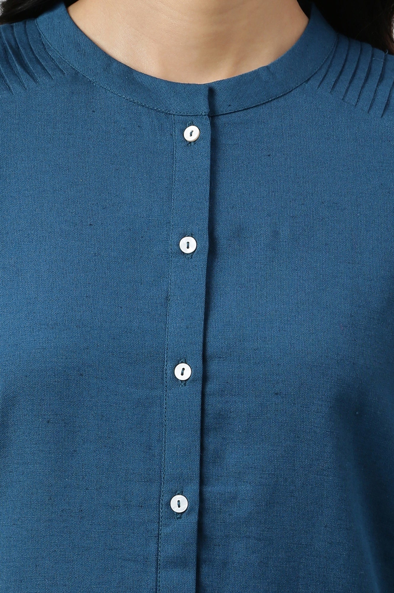 W for Woman Blue Solid Cotton Shirt Kurta in Mandarin Collar