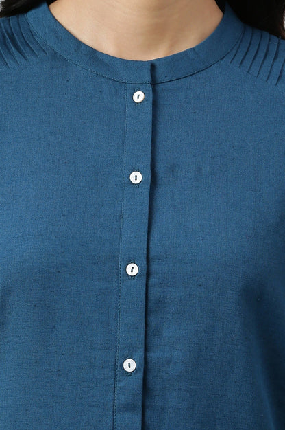 W for Woman Blue Solid Cotton Shirt Kurta in Mandarin Collar