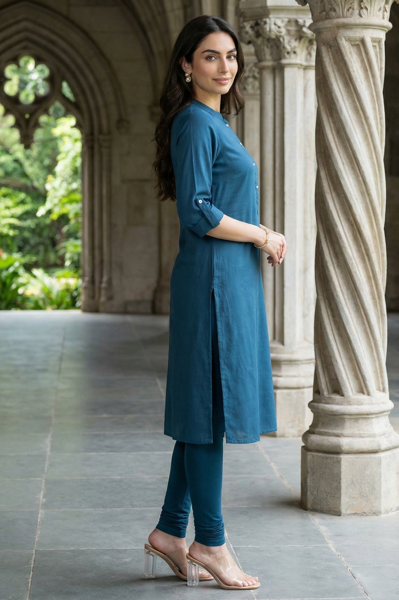 W for Woman Blue Solid Cotton Shirt Kurta in Mandarin Collar